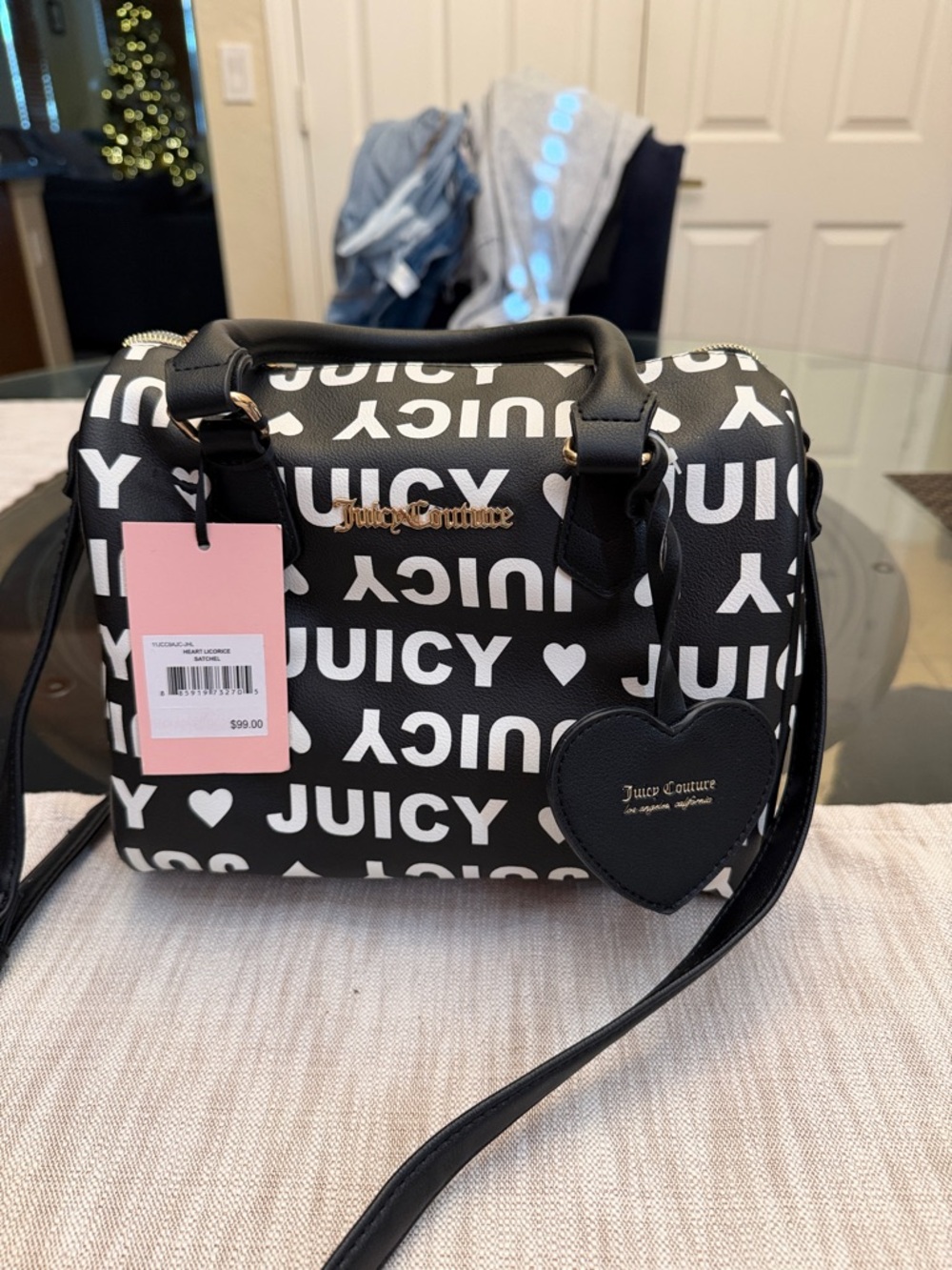 NWT Brand new Juicy Couture Black & White Logo Dome Satchel with Heart Charm